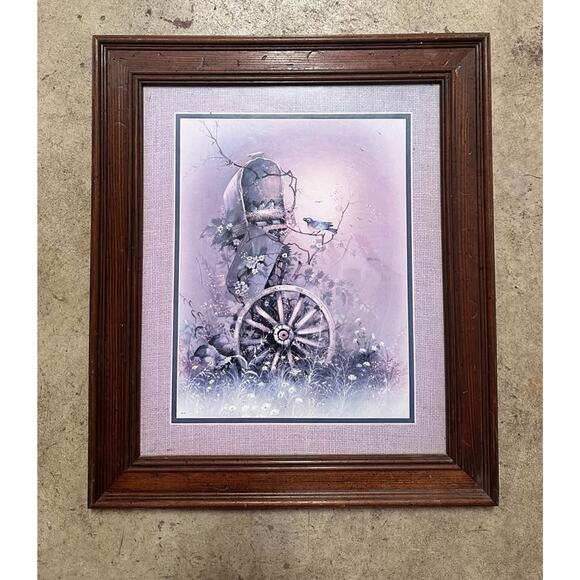 Vintage Framed Wagon Wheel & Bluebird Print – Rustic Farmhouse Art – 21” x 18” - Picture 1 of 1